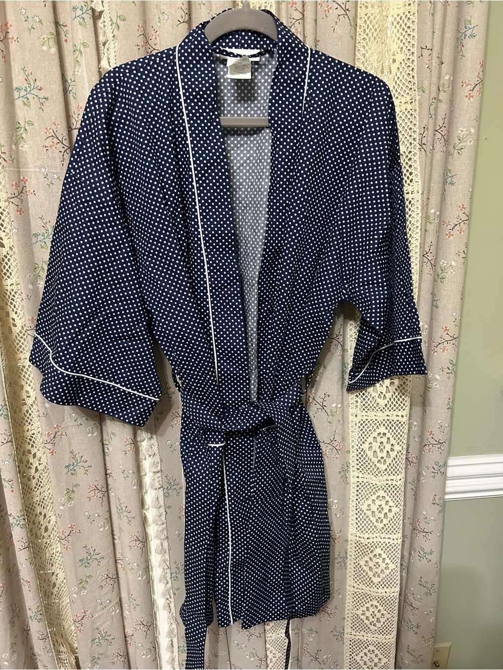 Mark & Graham Navy Polka Dot Cotton Robe Belted Kimono Bathrobe Size M NWOT